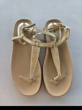 Sam Edelman Gold and Tan Braided T-Strap Sandals with Metallic Footbed